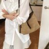 Leather Trim Woven Shoulder Bag