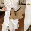 Leather Trim Woven Shoulder Bag