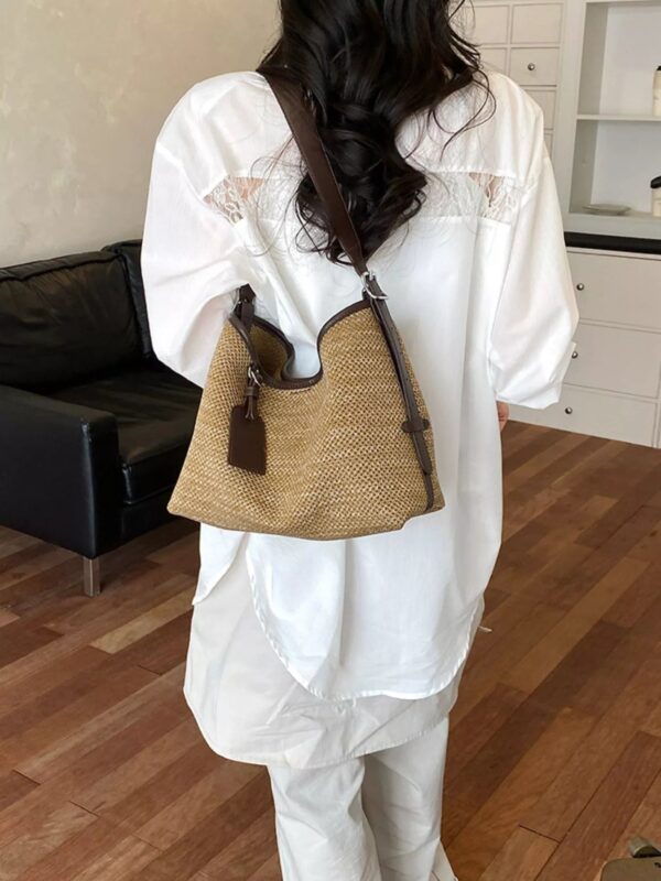 Leather Trim Woven Shoulder Bag
