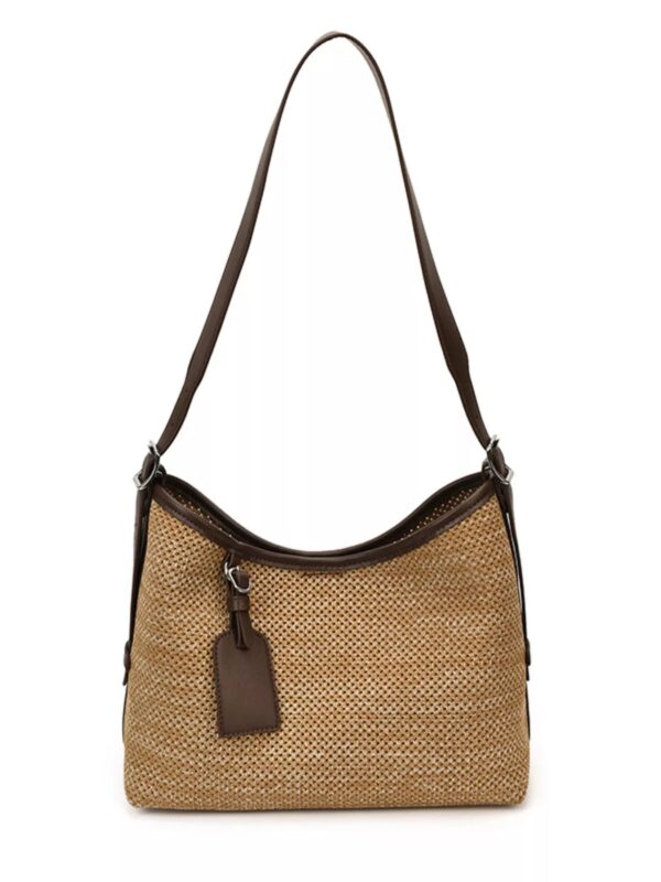 Leather Trim Woven Shoulder Bag